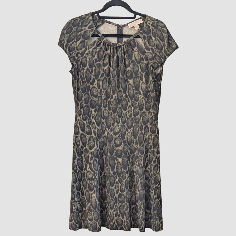 Michael Kors Snake Print Dress M Olive Green Fit Flare Keyhole Animal Print